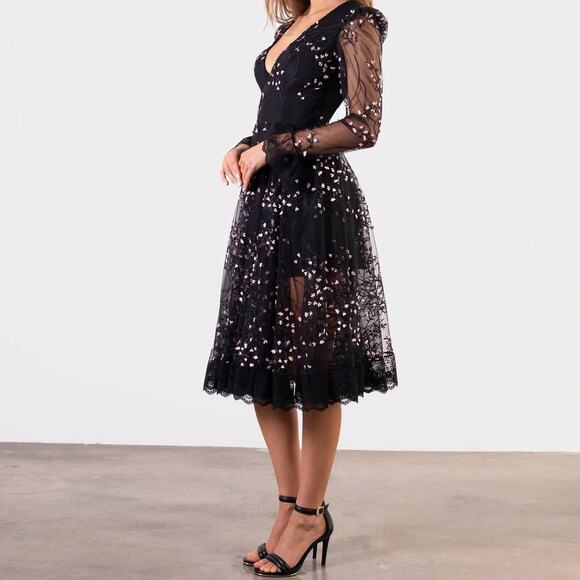 Helsi Ella Dress Long Sleeve Open Back Sheer Plunging Midi Dress - Picture 9 of 14